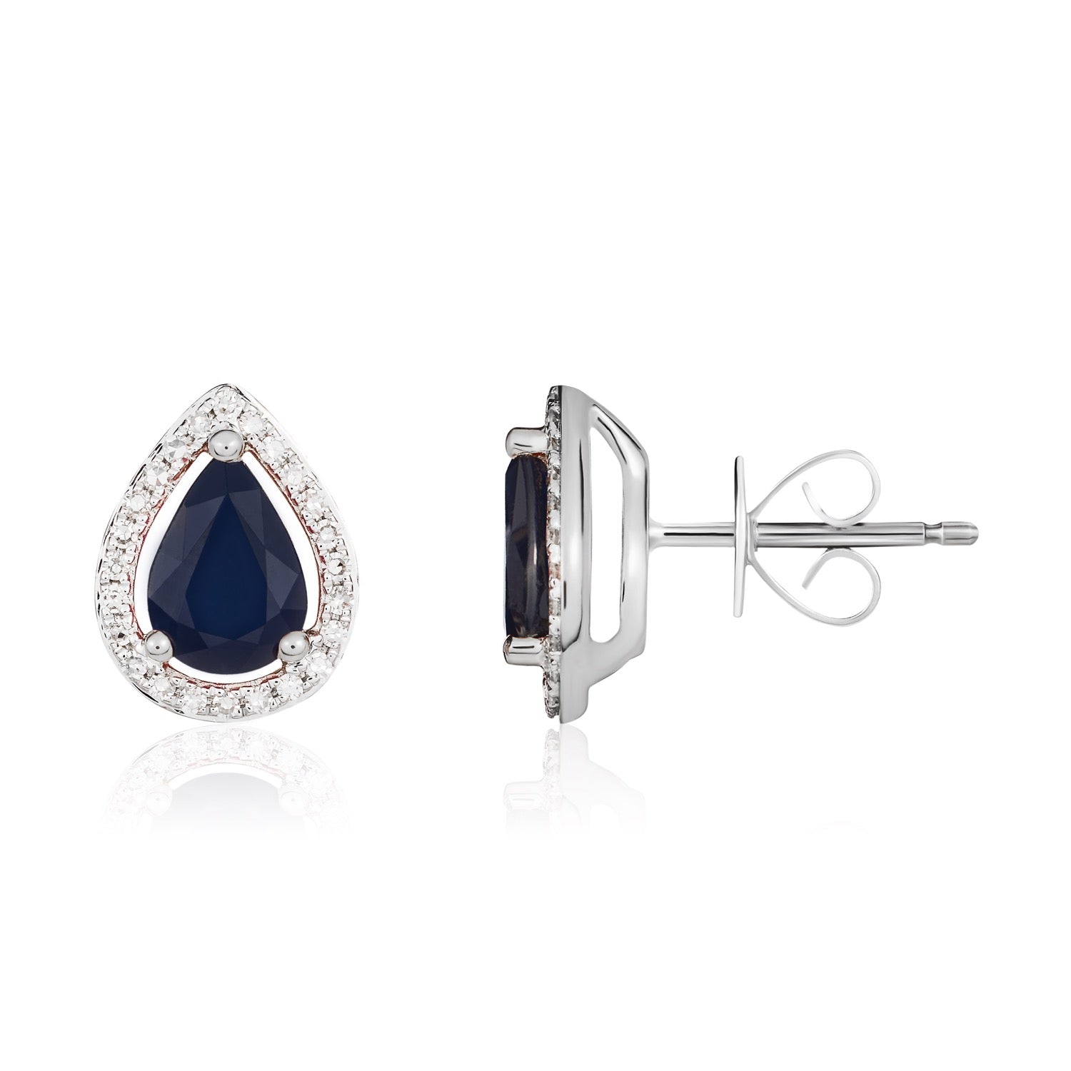 9ct White Gold Pear Shaped Natural Sapphire and Diamond Halo Cluster Earrings — 7x5mm
