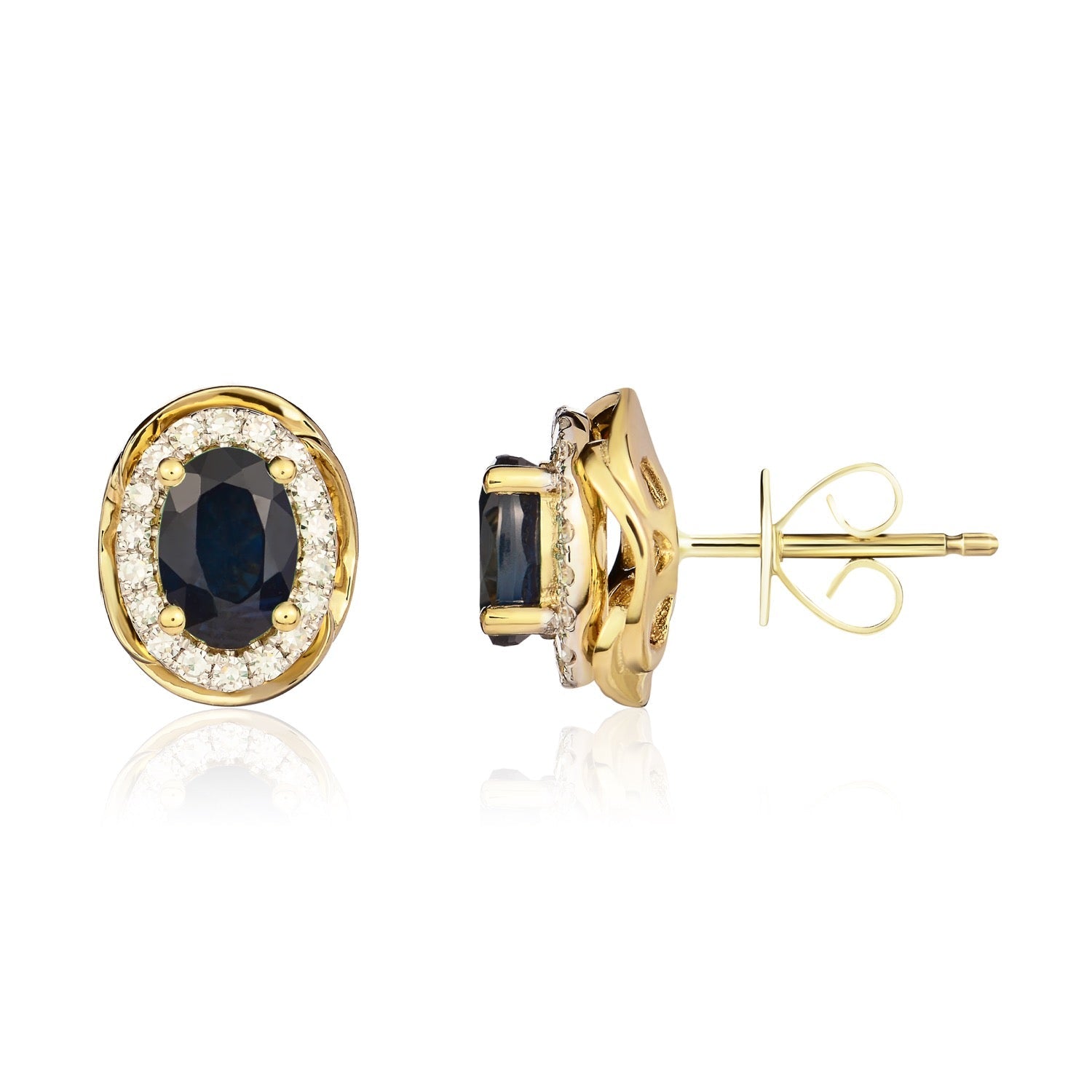 9ct Yellow Gold Oval Natural Sapphire and Diamond Cluster Earrings — 7x5mm