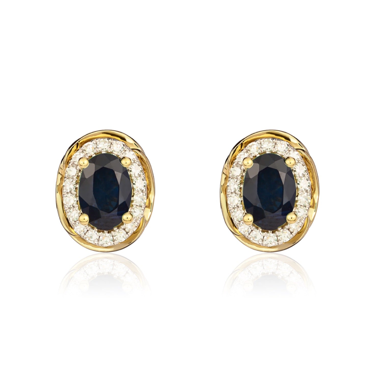 9ct Yellow Gold Oval Natural Sapphire and Diamond Cluster Earrings — 7x5mm