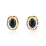 9ct Yellow Gold Oval Natural Sapphire & Diamond Rope Edge Cluster Stud Earrings — 7x5mm