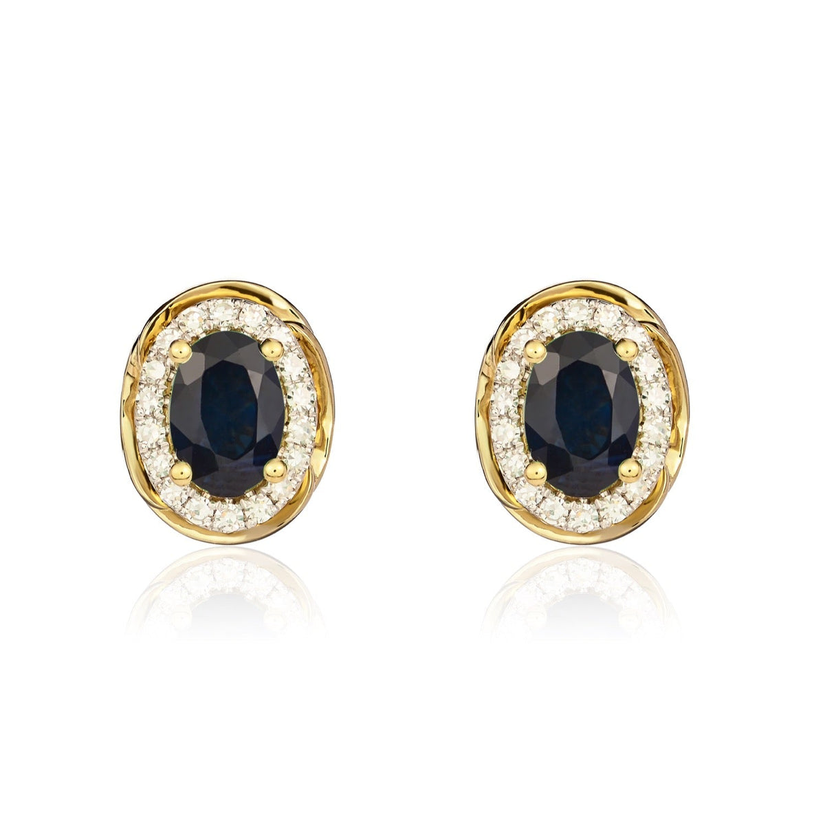 9ct Yellow Gold Oval Natural Sapphire & Diamond Rope Edge Cluster Stud Earrings — 7x5mm