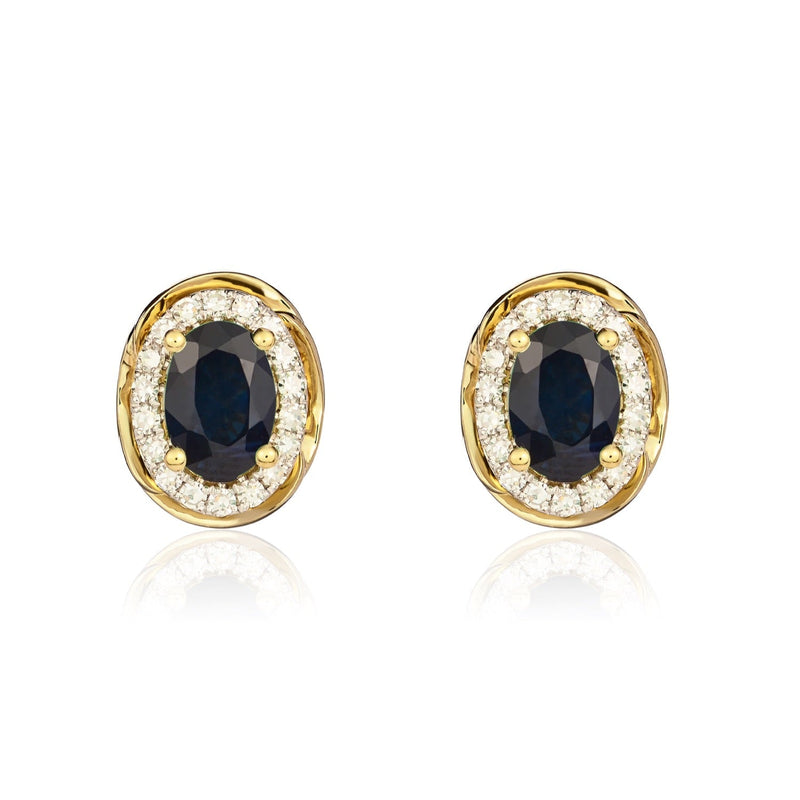 9ct Yellow Gold Oval Natural Sapphire & Diamond Rope Edge Cluster Stud Earrings — 7x5mm