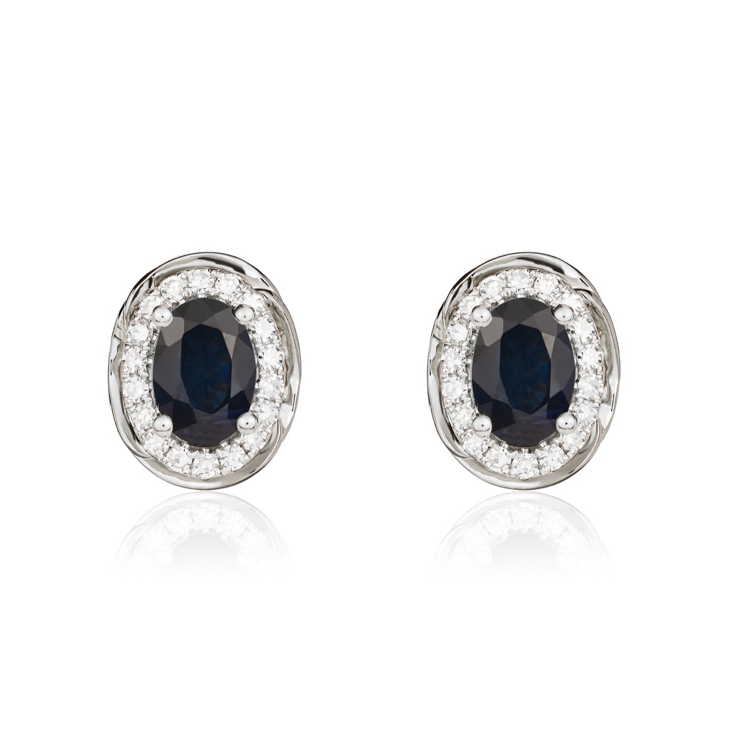 9ct White Gold Oval Natural Sapphire and Diamond Cluster Earrings — 7x5mm