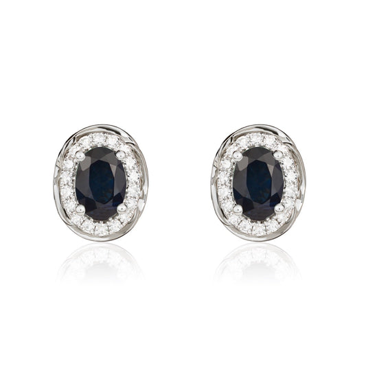 9ct White Gold Oval Natural Sapphire and Diamond Cluster Earrings — 7x5mm