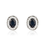9ct White Gold Oval Natural Sapphire & Diamond Rope Edge Cluster Stud Earrings — 7x5mm
