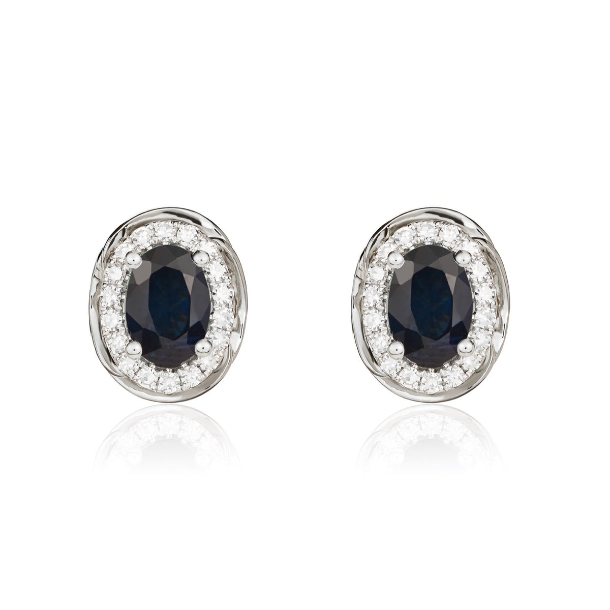 9ct White Gold Oval Natural Sapphire & Diamond Rope Edge Cluster Stud Earrings — 7x5mm
