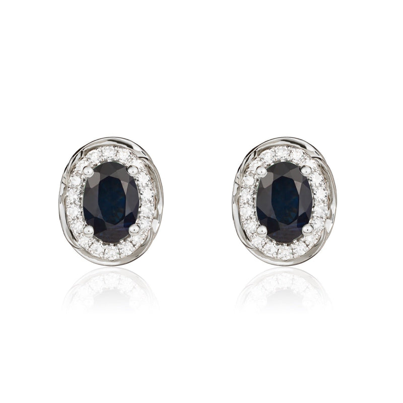 9ct White Gold Oval Natural Sapphire & Diamond Rope Edge Cluster Stud Earrings — 7x5mm