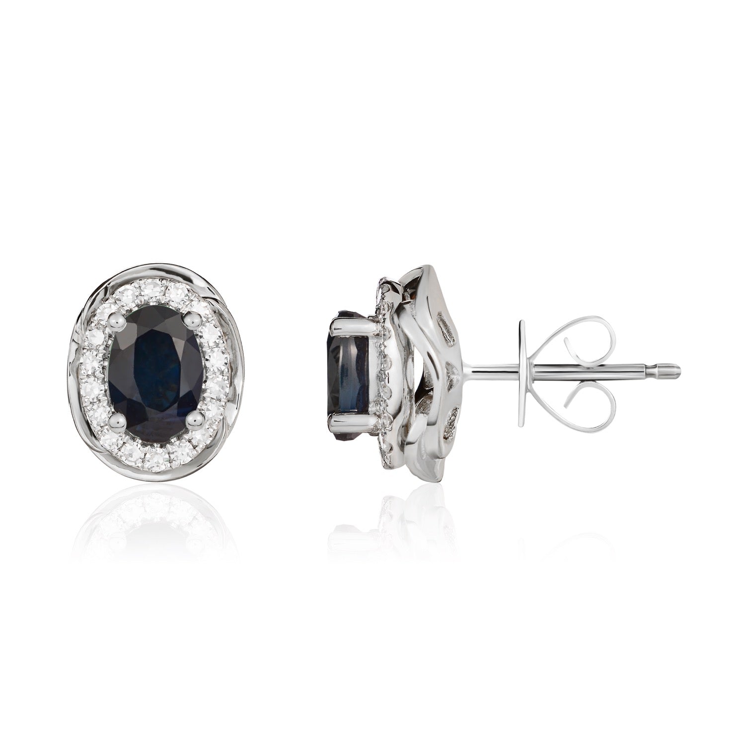 9ct White Gold Oval Natural Sapphire and Diamond Cluster Earrings — 7x5mm