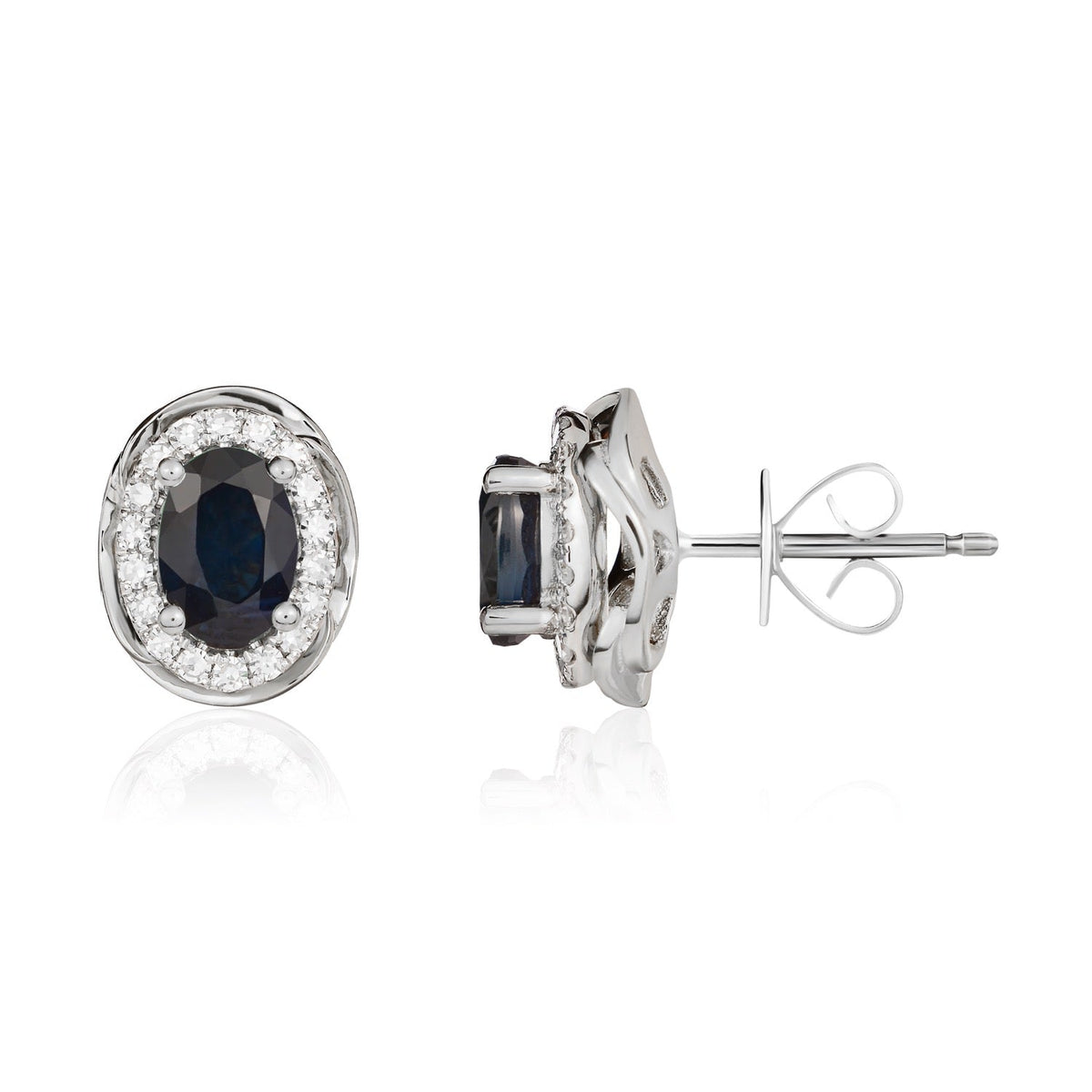 9ct White Gold Oval Natural Sapphire & Diamond Rope Edge Cluster Stud Earrings — 7x5mm