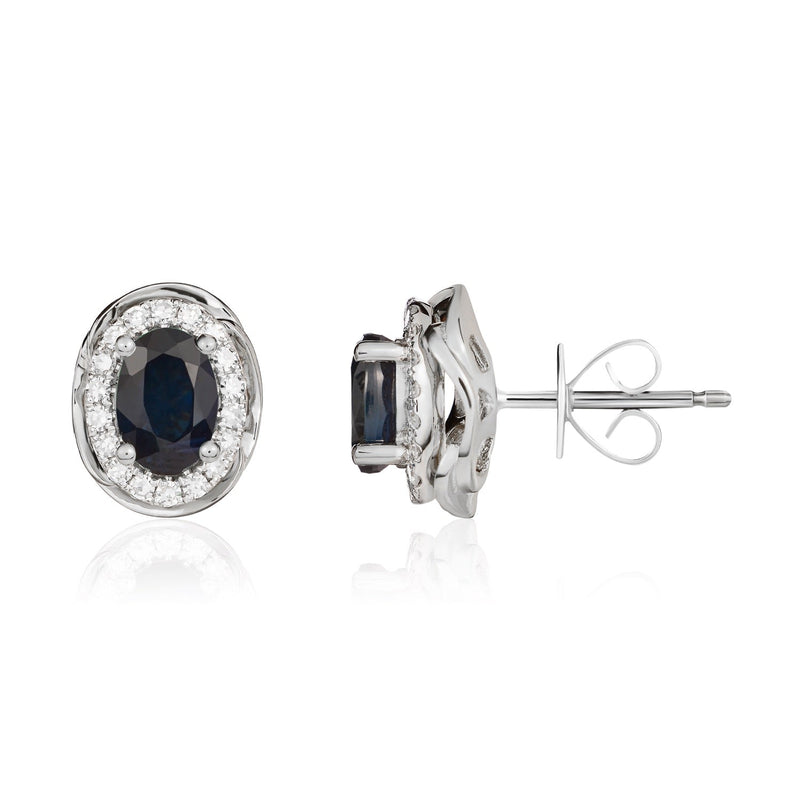 9ct White Gold Oval Natural Sapphire & Diamond Rope Edge Cluster Stud Earrings — 7x5mm