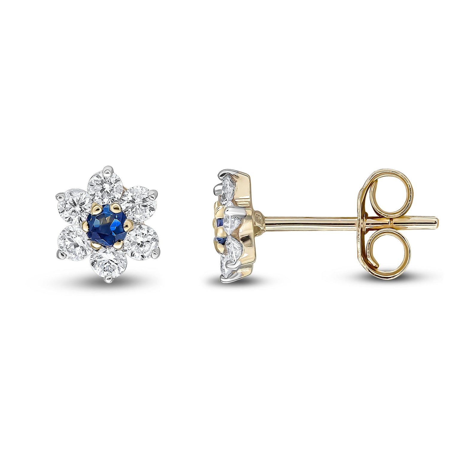 9ct Yellow Gold Round Natural Sapphire and Diamond Cluster Earrings