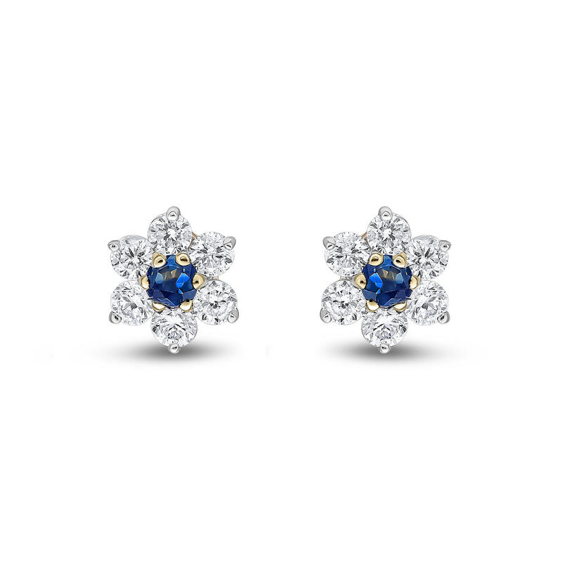 9ct Yellow Gold Round Natural Sapphire & Diamond Claw Set Cluster Stud Earrings