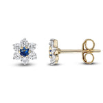 9ct Yellow Gold Round Natural Sapphire & Diamond Claw Set Cluster Stud Earrings