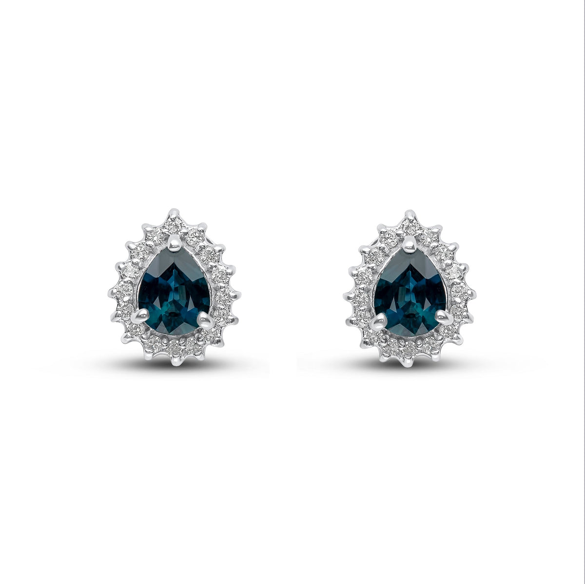 9ct White Gold Pear Shaped Natural Sapphire & Diamond Claw Set Cluster Stud Earrings — 5x4mm