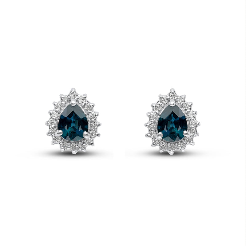 9ct White Gold Pear Shaped Natural Sapphire & Diamond Claw Set Cluster Stud Earrings — 5x4mm