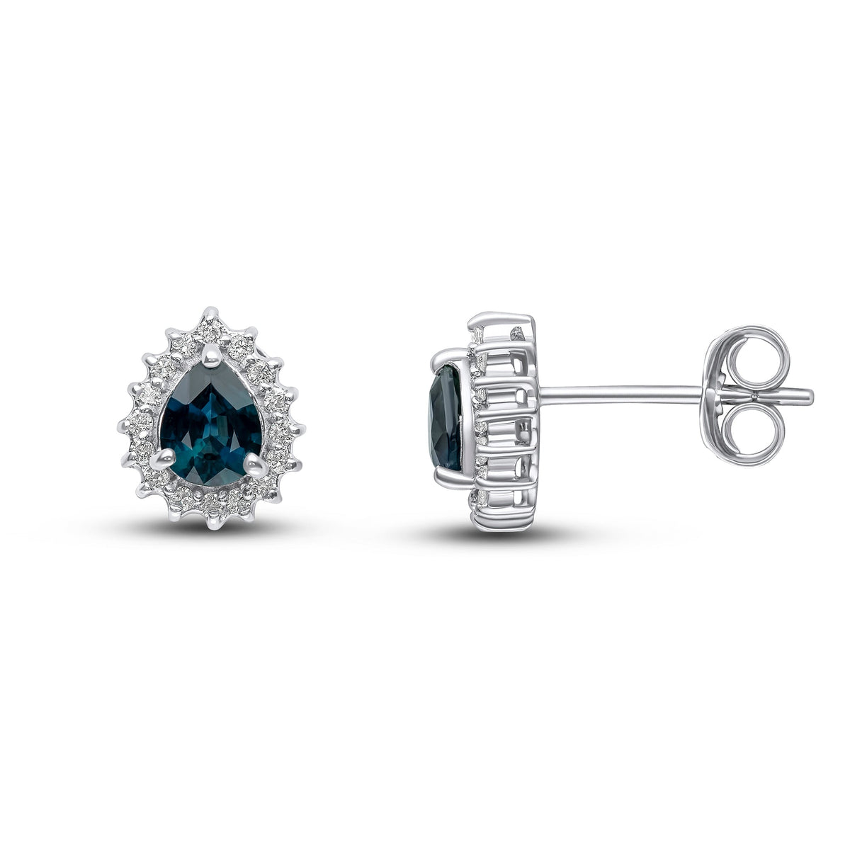 9ct White Gold Pear Shaped Natural Sapphire & Diamond Claw Set Cluster Stud Earrings — 5x4mm