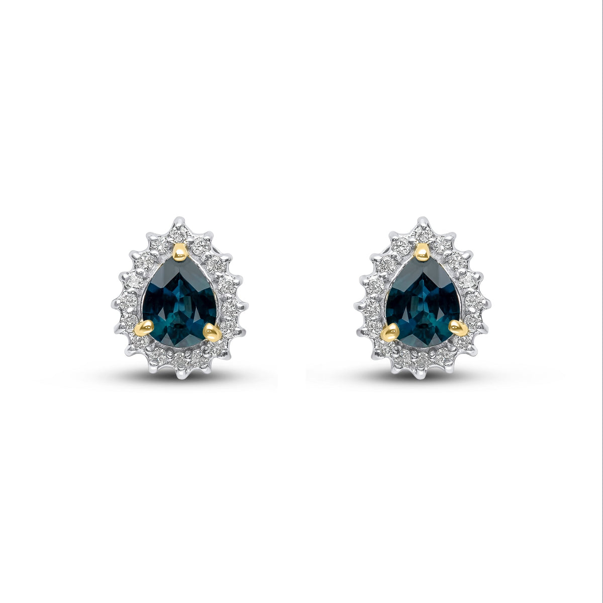 9ct Yellow Gold Pear Shaped Natural Sapphire & Diamond Claw Set Cluster Stud Earrings — 5x4mm