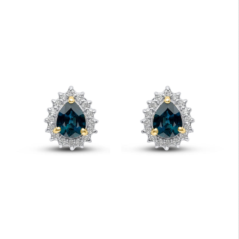 9ct Yellow Gold Pear Shaped Natural Sapphire & Diamond Claw Set Cluster Stud Earrings — 5x4mm