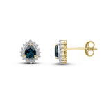 9ct Yellow Gold Pear Shaped Natural Sapphire & Diamond Claw Set Cluster Stud Earrings — 5x4mm