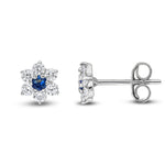 9ct White Gold Round Natural Sapphire & Diamond Claw Set Cluster Stud Earrings