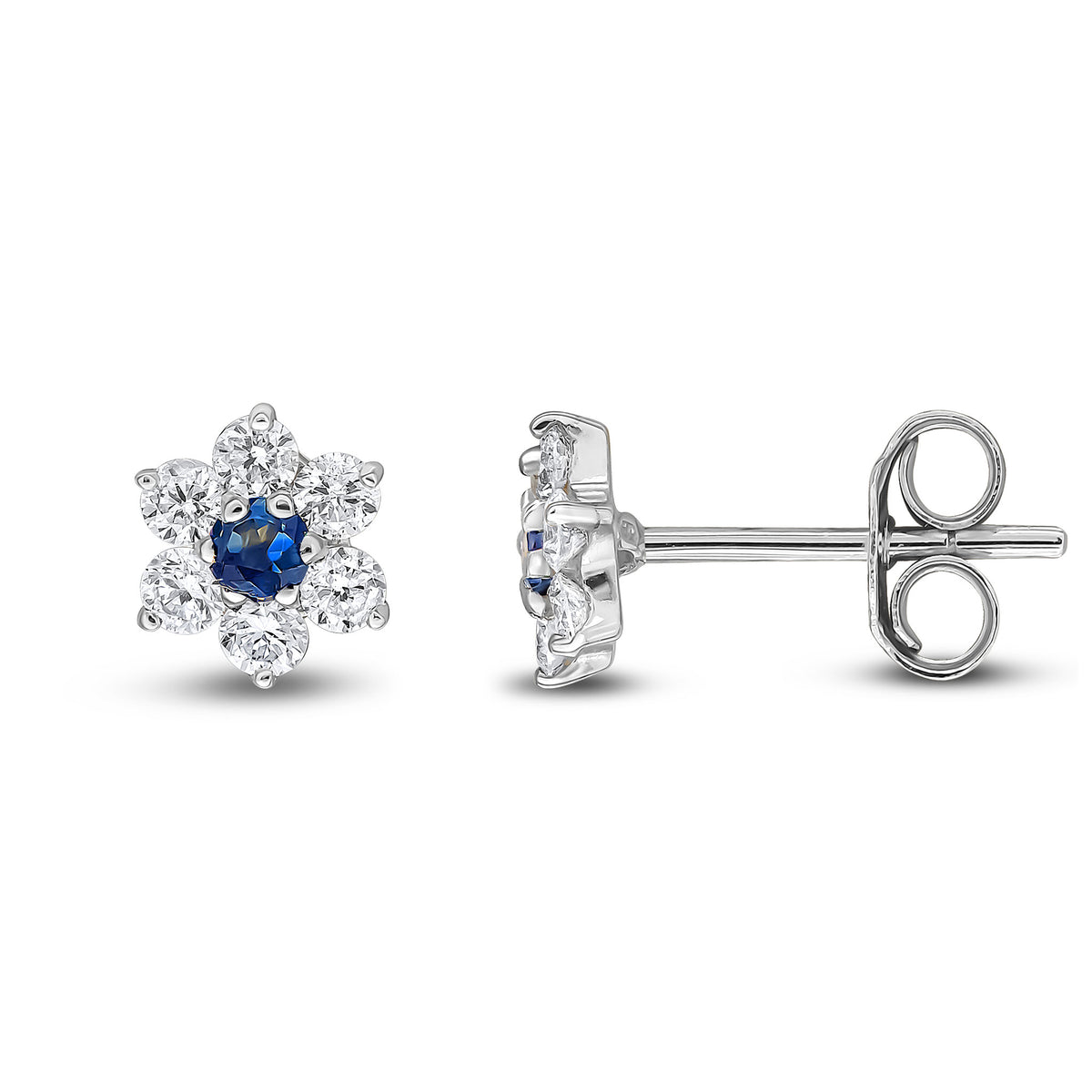 9ct White Gold Round Natural Sapphire & Diamond Claw Set Cluster Stud Earrings