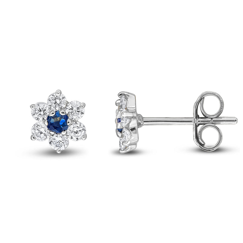 9ct White Gold Round Natural Sapphire & Diamond Claw Set Cluster Stud Earrings