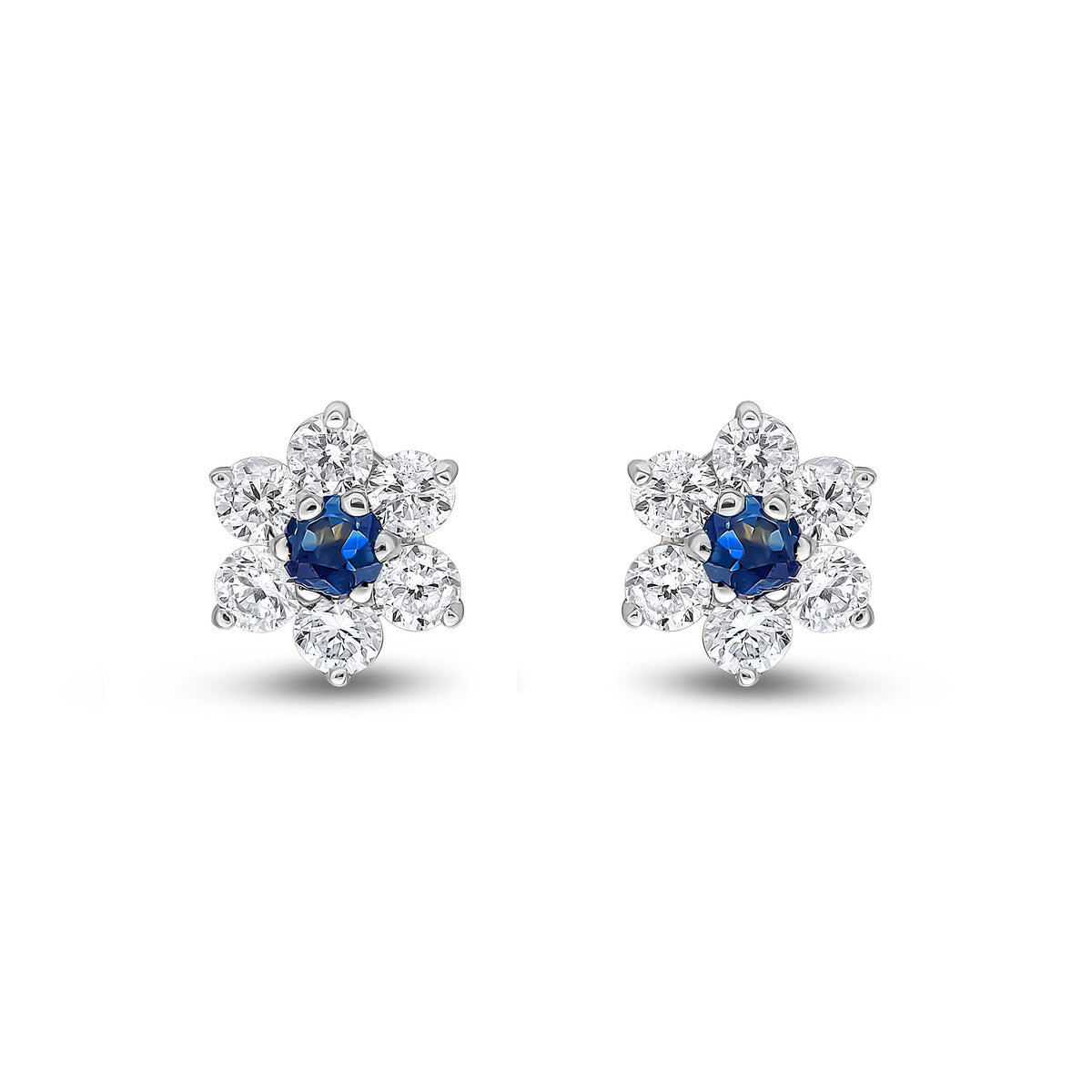 9ct White Gold Round Natural Sapphire & Diamond Claw Set Cluster Stud Earrings
