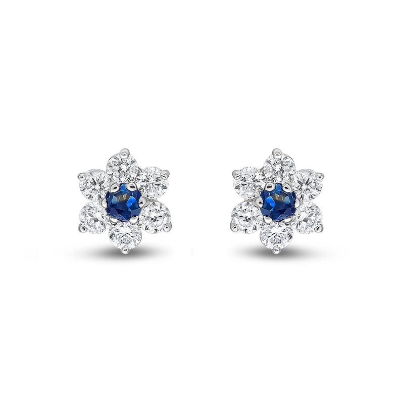 9ct White Gold Round Natural Sapphire & Diamond Claw Set Cluster Stud Earrings