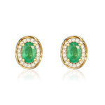 9ct Yellow Gold Oval Natural Emerald & Diamond Rope Edge Cluster Stud Earrings — 6x4mm
