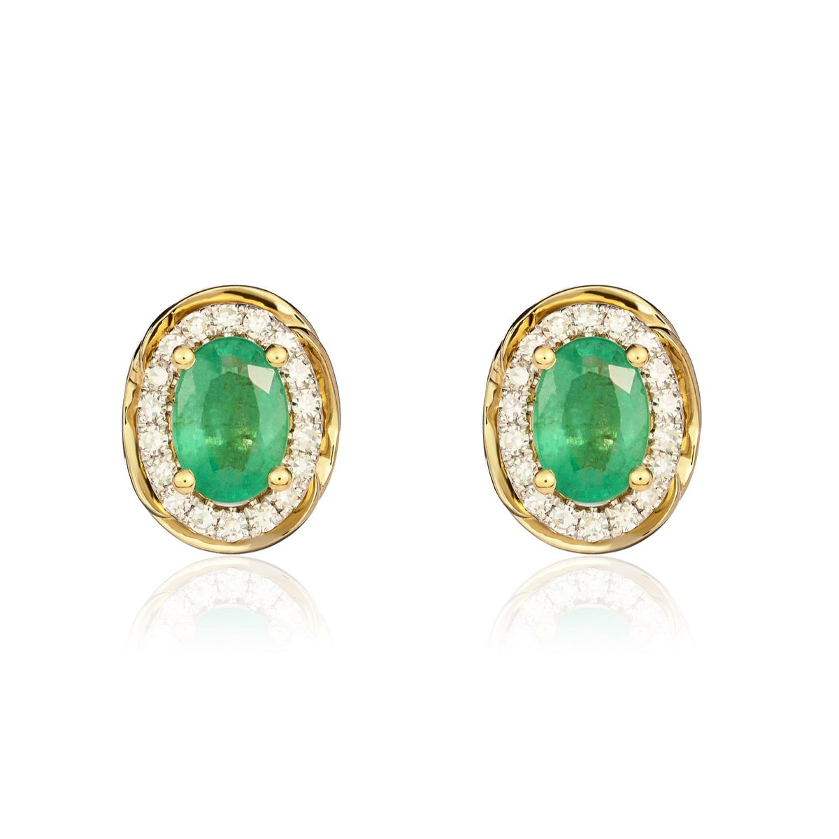9ct Yellow Gold Oval Natural Emerald & Diamond Rope Edge Cluster Stud Earrings — 6x4mm