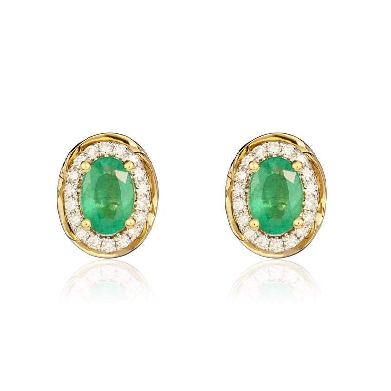 9ct Yellow Gold Oval Natural Emerald & Diamond Rope Edge Cluster Stud Earrings — 6x4mm