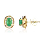 9ct Yellow Gold Oval Natural Emerald & Diamond Rope Edge Cluster Stud Earrings — 6x4mm
