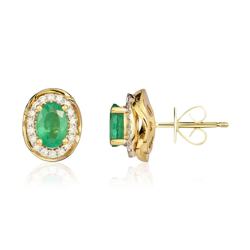 9ct Yellow Gold Oval Natural Emerald & Diamond Rope Edge Cluster Stud Earrings — 6x4mm