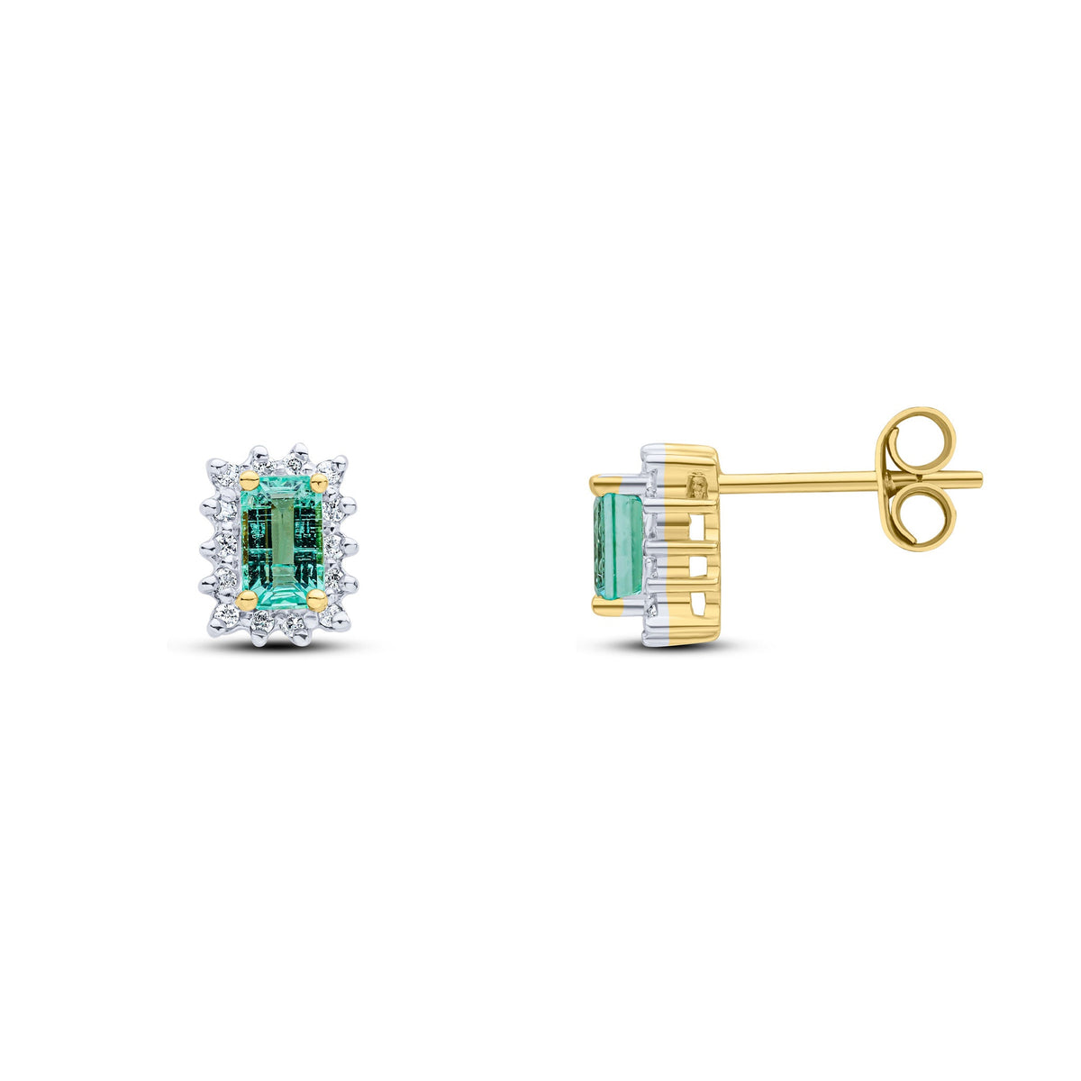 9ct Yellow Gold Octagonal Natural Emerald & Diamond Cluster Stud Earrings — 5x3mm