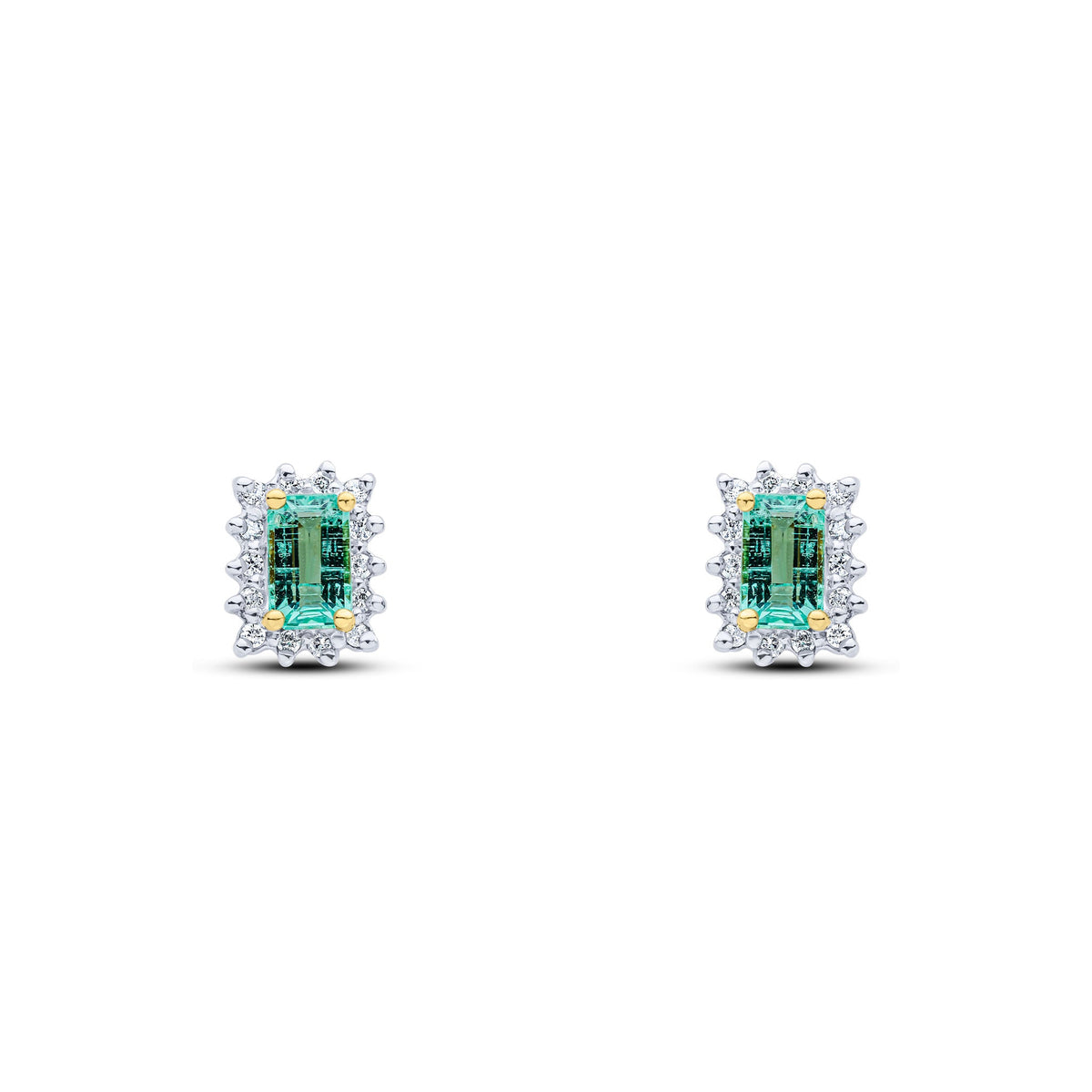 9ct Yellow Gold Octagonal Natural Emerald & Diamond Cluster Stud Earrings — 5x3mm