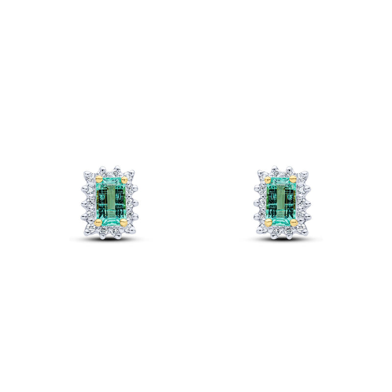 9ct Yellow Gold Octagonal Natural Emerald & Diamond Cluster Stud Earrings — 5x3mm
