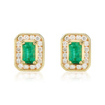 9ct Yellow Gold Octagonal Natural Emerald & Diamond Claw Set Cluster Stud Earrings — 5x3mm