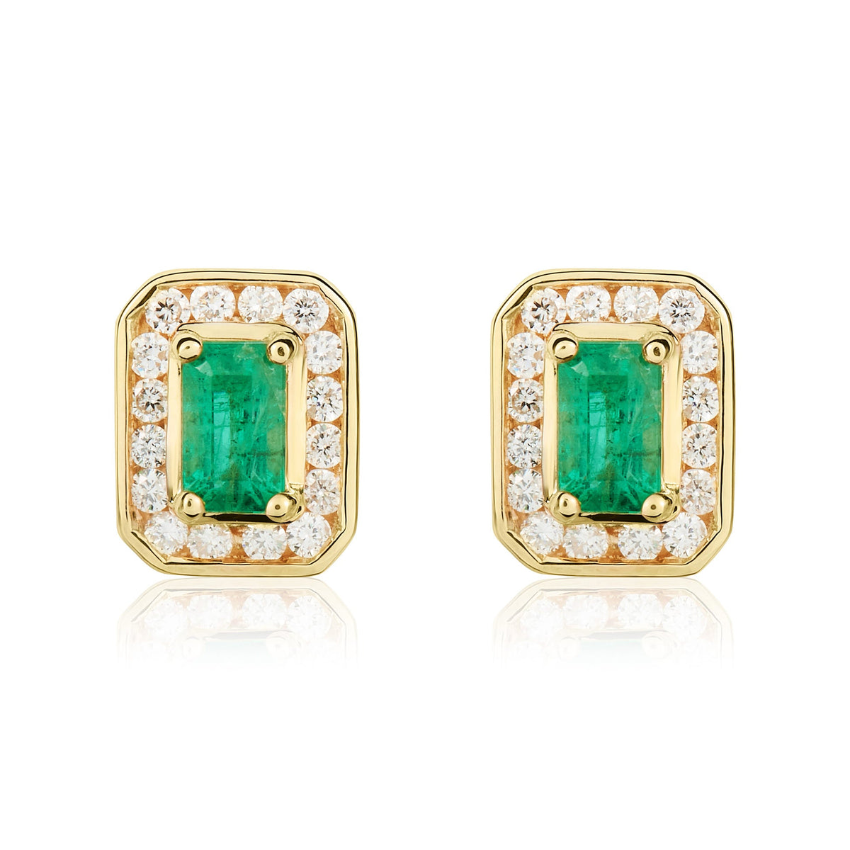 9ct Yellow Gold Octagonal Natural Emerald & Diamond Claw Set Cluster Stud Earrings — 5x3mm