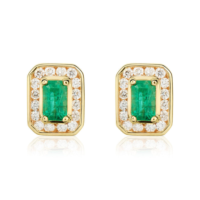 9ct Yellow Gold Octagonal Natural Emerald & Diamond Claw Set Cluster Stud Earrings — 5x3mm