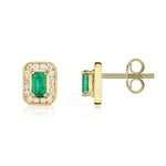 9ct Yellow Gold Octagonal Natural Emerald & Diamond Claw Set Cluster Stud Earrings — 5x3mm