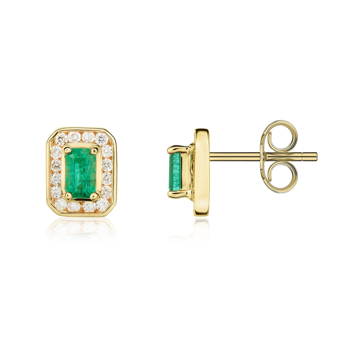 9ct Yellow Gold Octagonal Natural Emerald & Diamond Claw Set Cluster Stud Earrings — 5x3mm