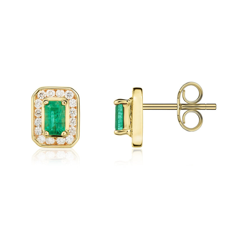 9ct Yellow Gold Octagonal Natural Emerald & Diamond Claw Set Cluster Stud Earrings — 5x3mm