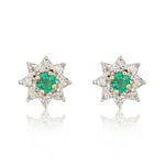 9ct Yellow Gold Round Natural Emerald & Diamond Claw Set Cluster Stud Earrings — 3mm