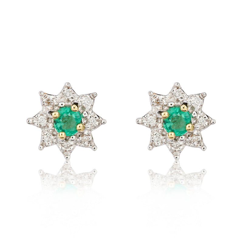 9ct Yellow Gold Round Natural Emerald & Diamond Claw Set Cluster Stud Earrings — 3mm