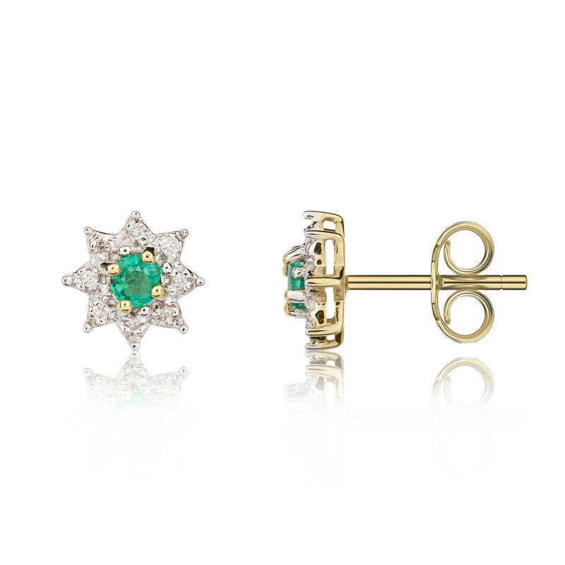 9ct Yellow Gold Round Natural Emerald & Diamond Claw Set Cluster Stud Earrings — 3mm