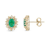 9ct Yellow Gold Oval Natural Emerald & Diamond Claw Set Cluster Stud Earrings — 6x4mm
