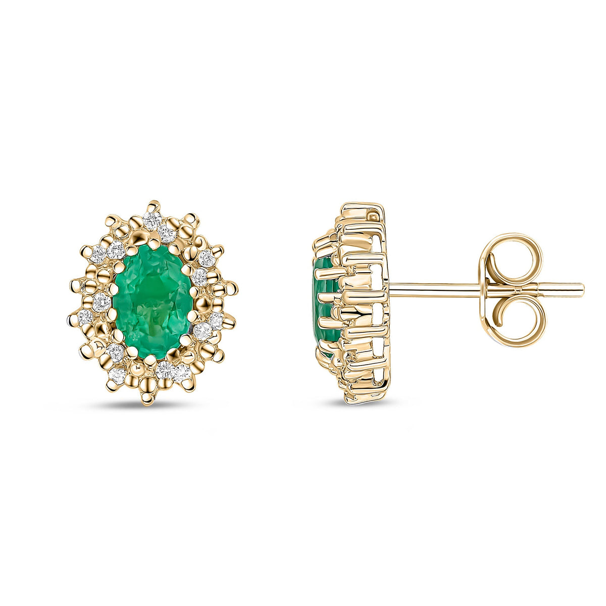9ct Yellow Gold Oval Natural Emerald & Diamond Claw Set Cluster Stud Earrings — 6x4mm