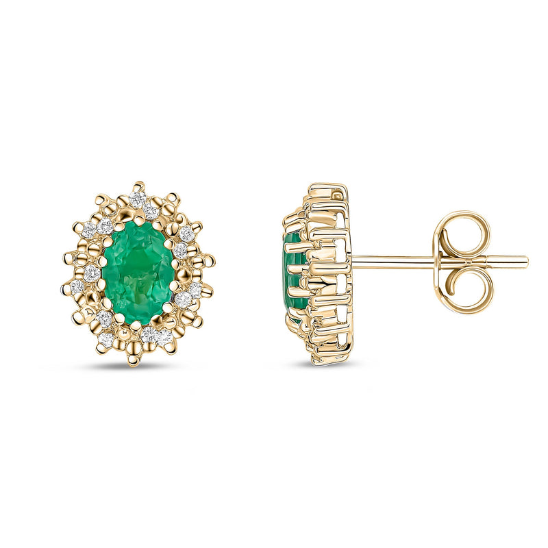 9ct Yellow Gold Oval Natural Emerald & Diamond Claw Set Cluster Stud Earrings — 6x4mm