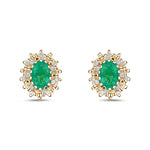9ct Yellow Gold Oval Natural Emerald & Diamond Claw Set Cluster Stud Earrings — 6x4mm