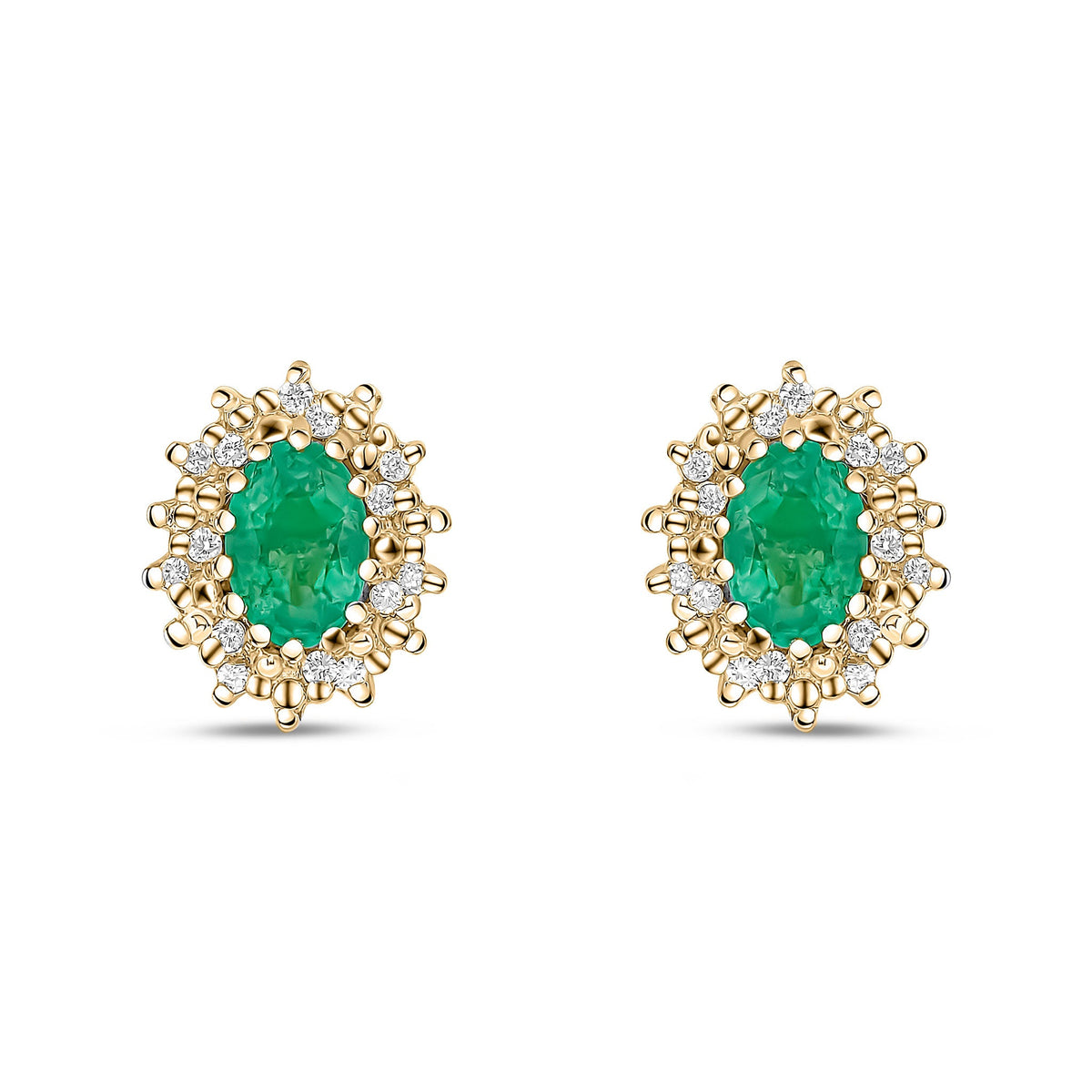 9ct Yellow Gold Oval Natural Emerald & Diamond Claw Set Cluster Stud Earrings — 6x4mm